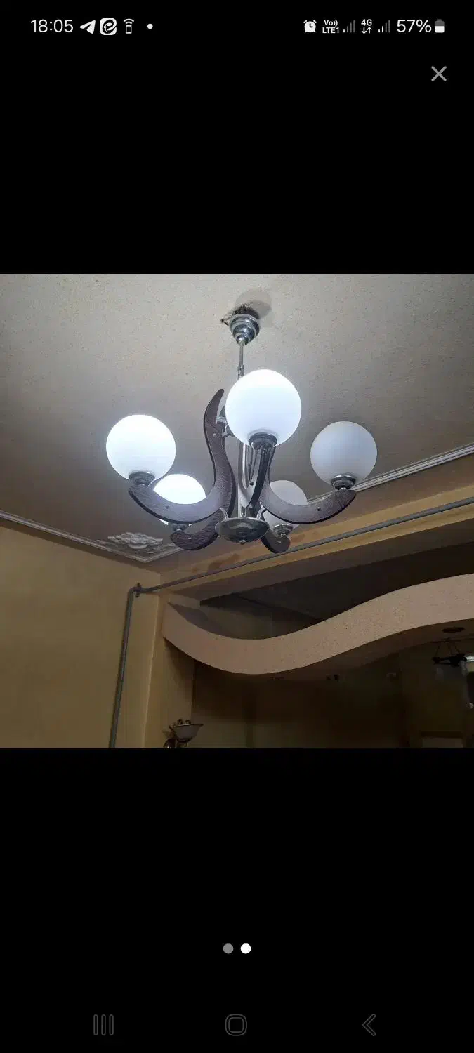 لوستر ازجنس چوب و فلز ۵ شاخه|لوستر و چراغ آویز|آزادشهر, |دیوار