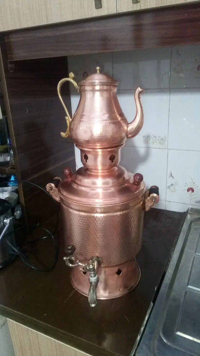 سماور مسی  ،سه تیکه قوری ،سماور وپایه|سماور، چای‌ساز، قهوه‌ساز|قوچان, |دیوار