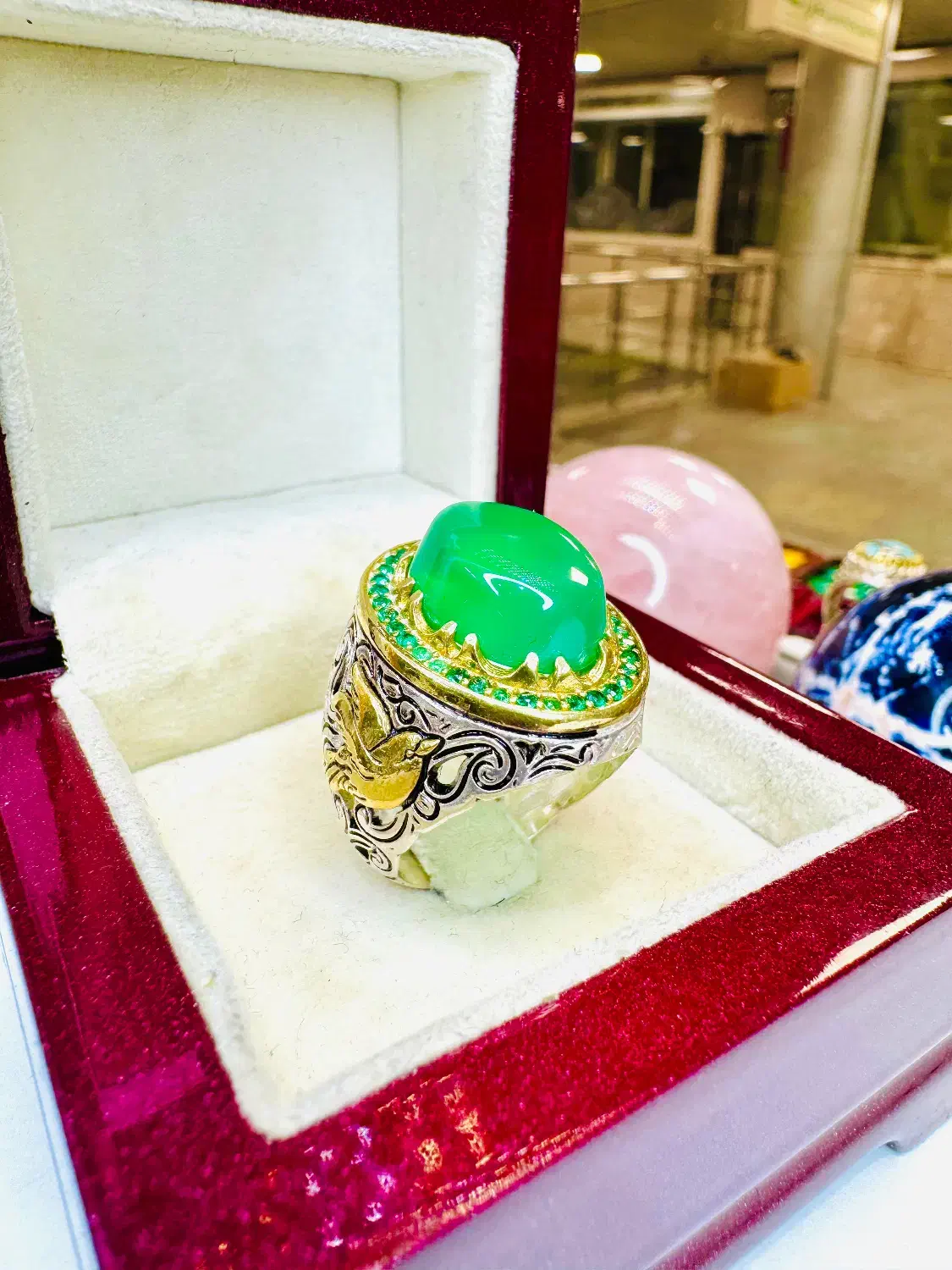 انگشتر فاخر سنگ عقیق سبز رکاب اشک اصل معدنی خراسان|بدلیجات|تبریز, |دیوار