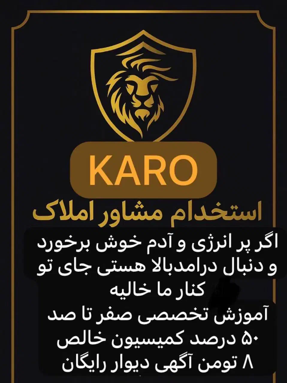 استخدام مشاورفروش فعال وبا انگیزه(گروه املاک کارو)|استخدام بازاریابی و فروش|تهران, جیحون|دیوار