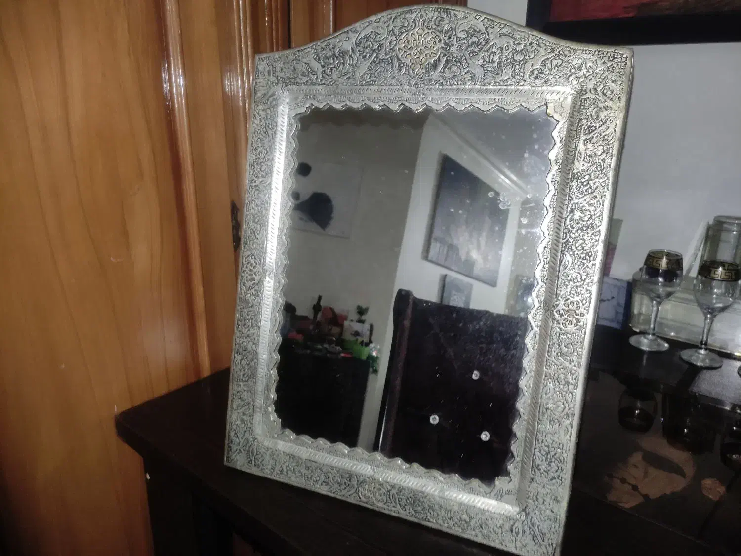 آینه ی قلمکاری شده نقره|آینه|اصفهان, برازنده|دیوار