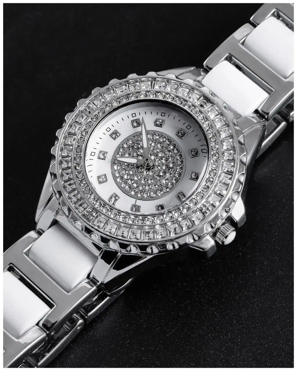 ساعت زنانه تمام نگین نقره ای|ساعت|صحنه, |دیوار