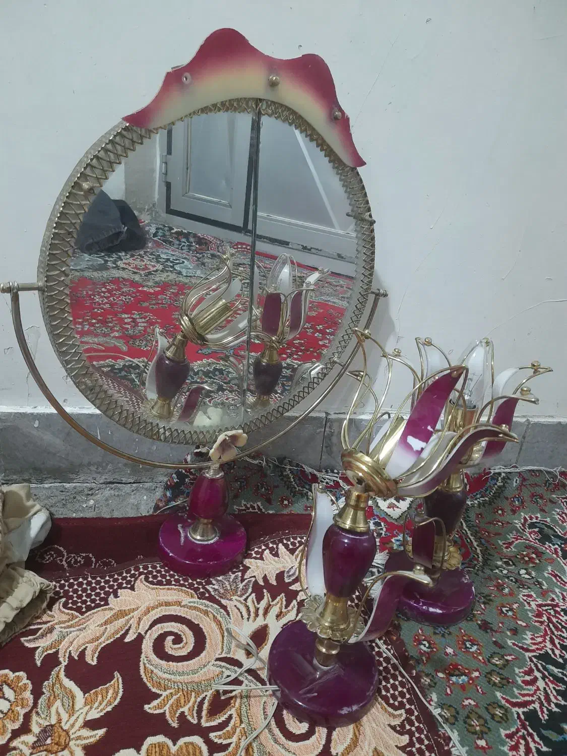 آینه شمعدان قدیمی برنجی عتیقه|کلکسیون اشیاء عتیقه|بروجرد, |دیوار