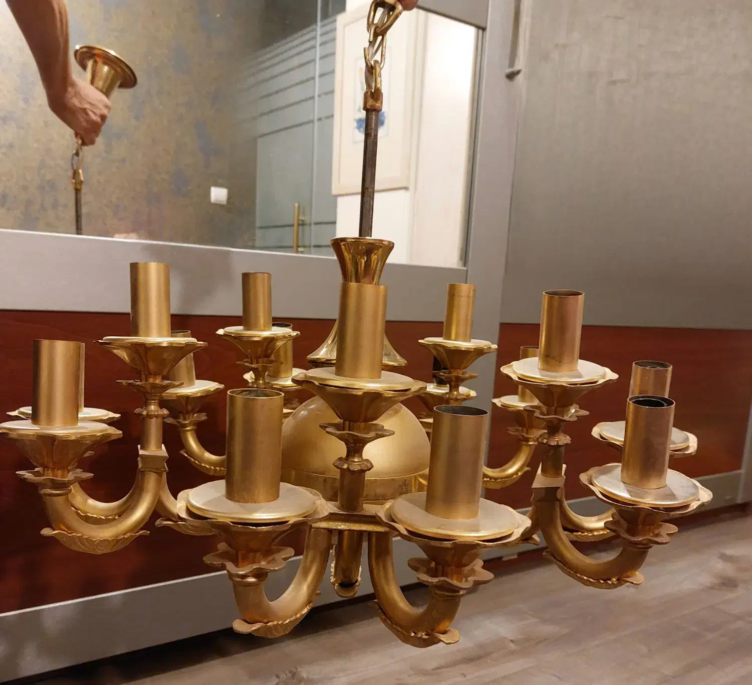 جفت لوستر ۱۵ شاخه آب طلا|لوستر و چراغ آویز|تبریز, |دیوار