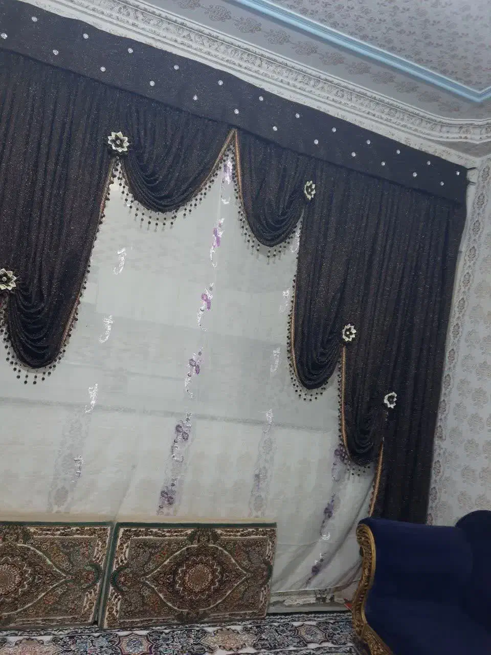 پرده سلطنتی ۲تیکه همراه با کتیبه و پرده حریر|پرده، رانر، رومیزی|زابل, |دیوار