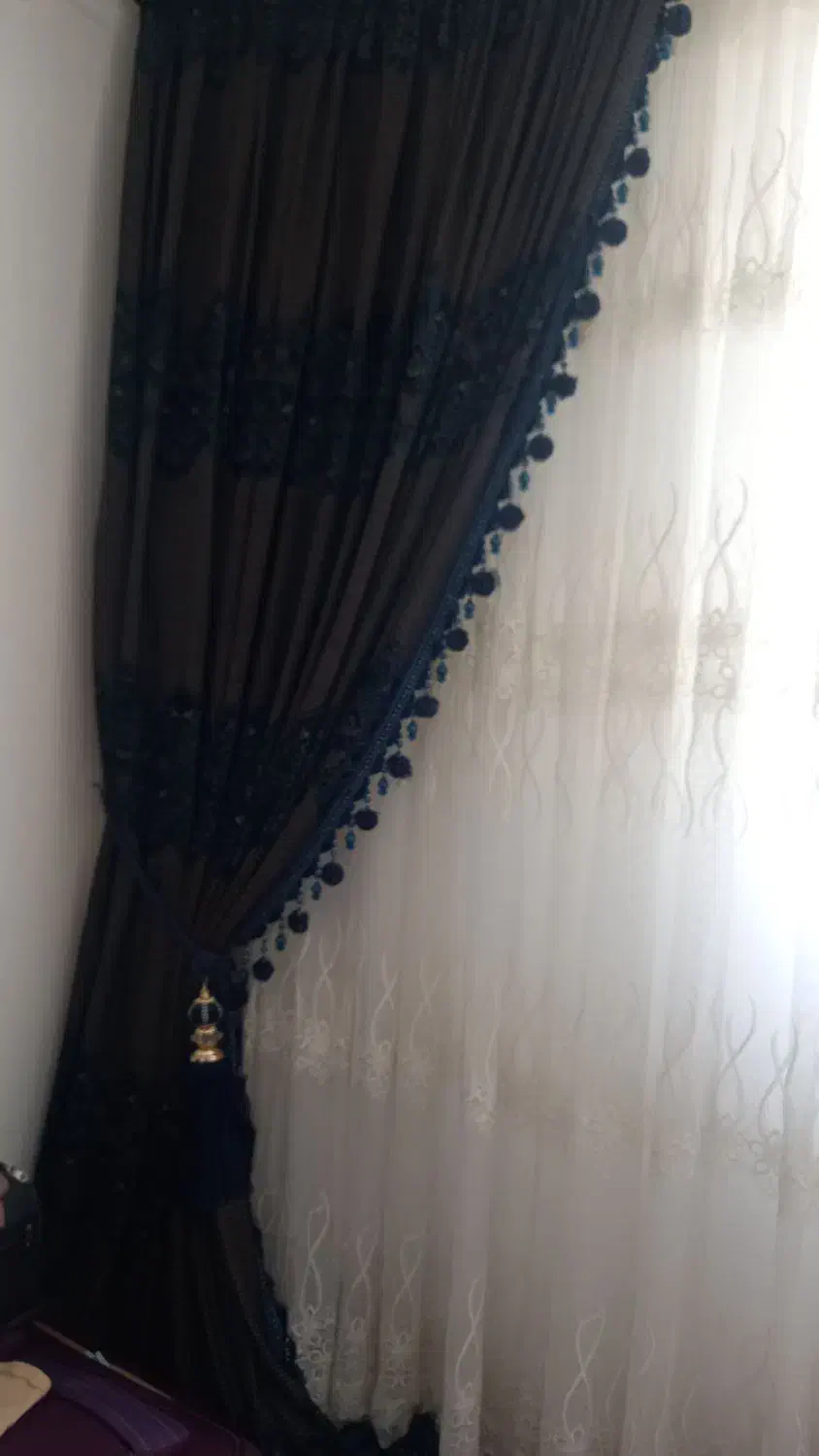 پرده تور ترک طرح دار با دستک مخمل سورمه ای طور|پرده، رانر، رومیزی|قائن, |دیوار