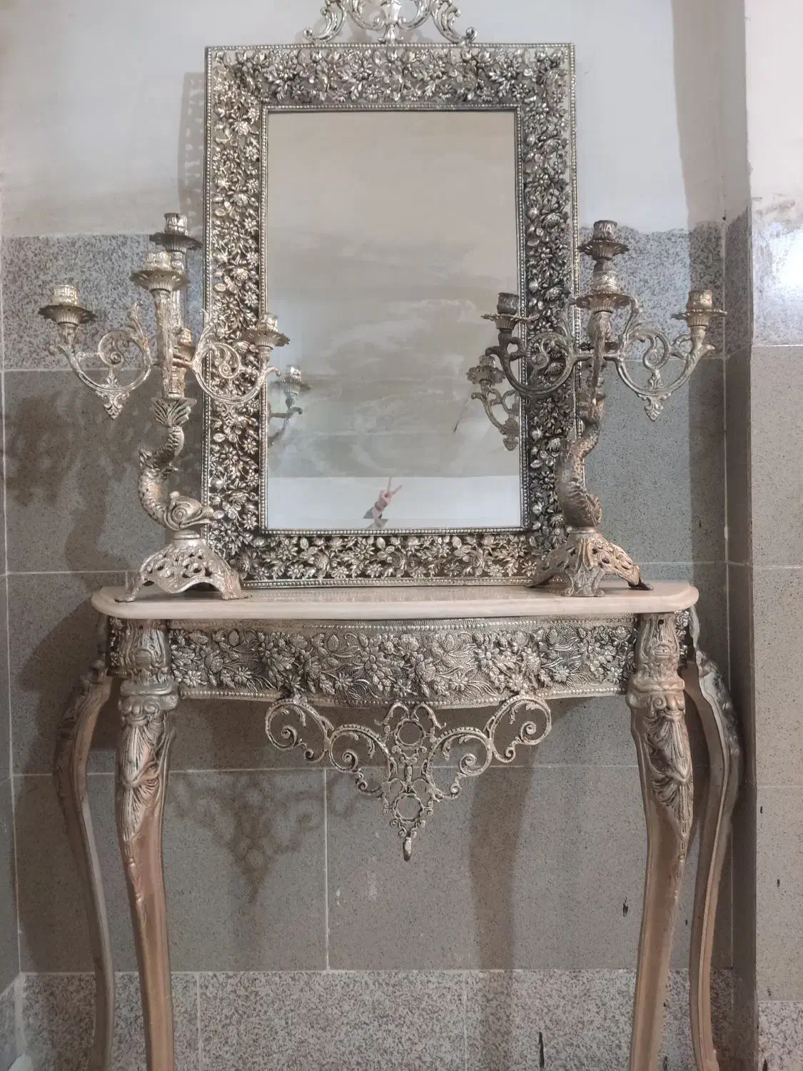 آینه شمعدان با میز تمام برنزه سنگین نو|بوفه، ویترین، کنسول|سلماس, |دیوار