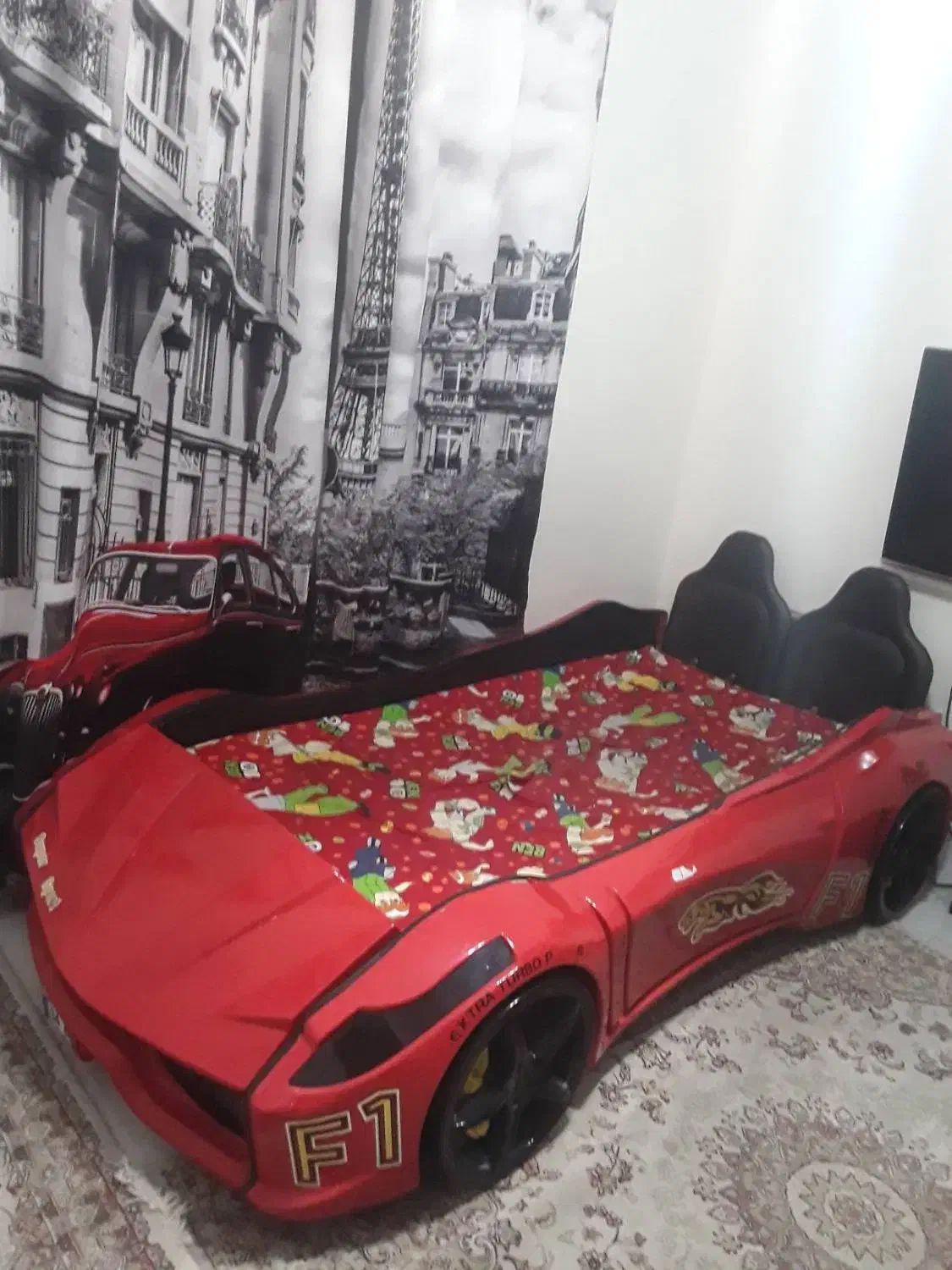 تخت یک نفره کودک با طرح ماشین با تشک|تخت و سرویس خواب|تهران, پرستار|دیوار