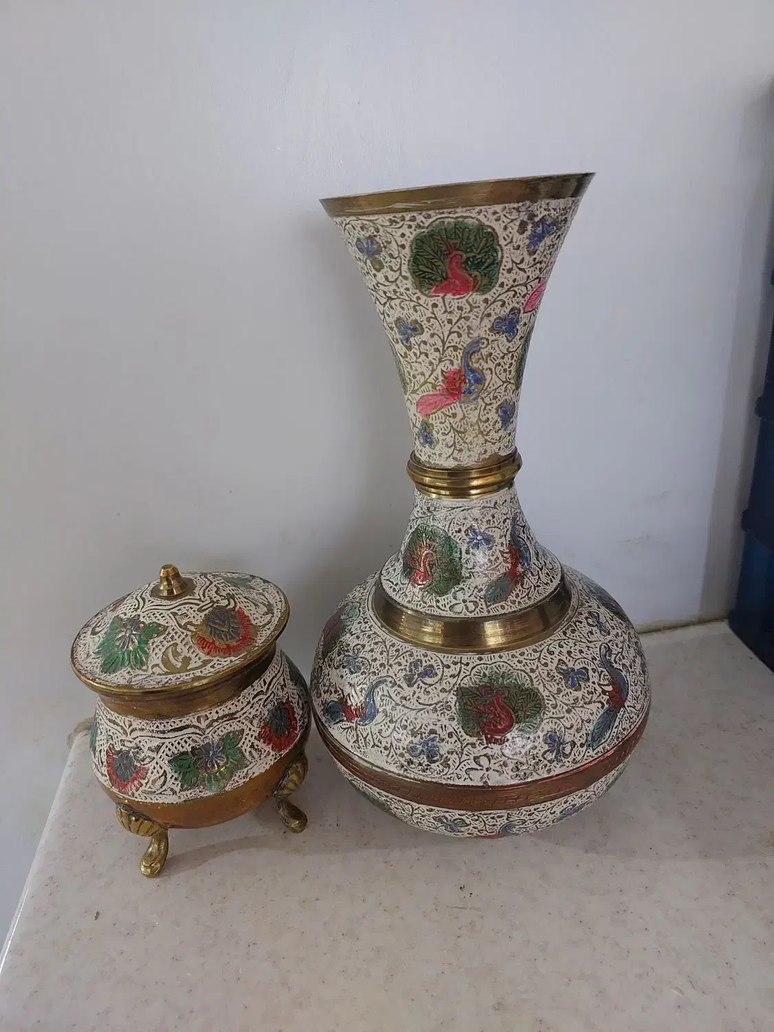 گلدان و قندان برنز هندی رنگی قدیمی|کلکسیون و سرگرمی|سنندج, |دیوار