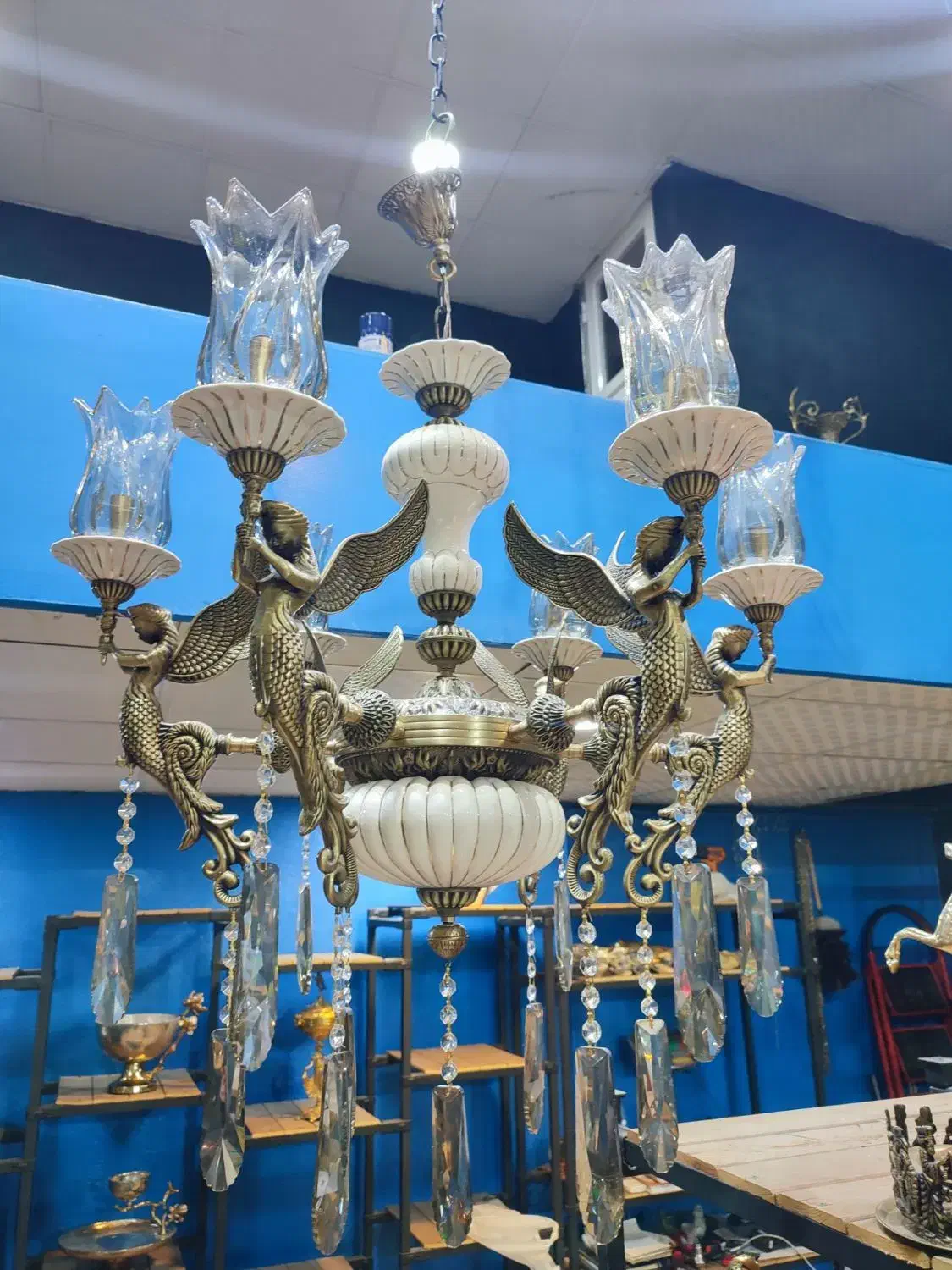 لوستر ملائکه برنزی با آبکاری آنتیک|لوستر و چراغ آویز|ساوه, |دیوار