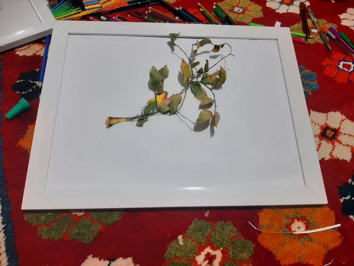 ترسیم ترکیبی گل و بلبل با تک شاخه طبیعی|تابلو، نقاشی، عکس|شیراز, امام حسین|دیوار