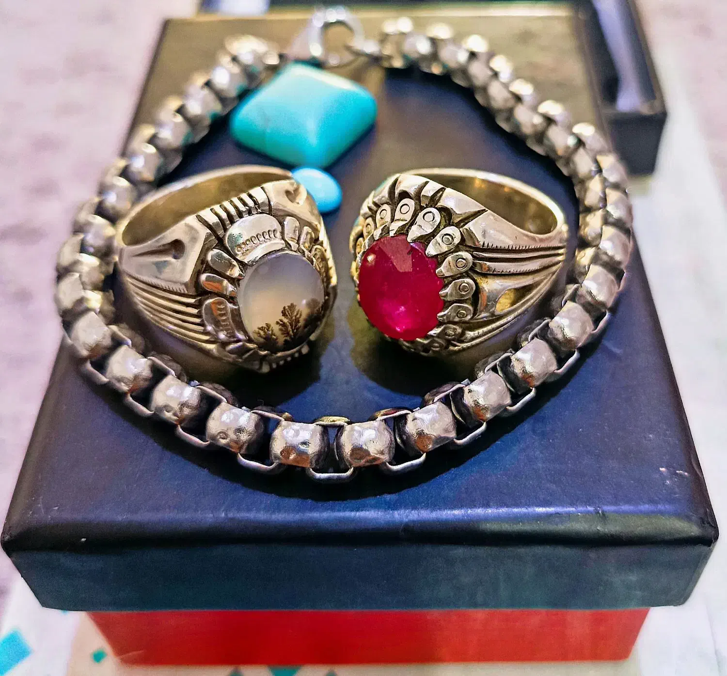 انگشتر شیخ احمد تمام دست ساز یاقوت و شجر ودستبند|جواهرات|زنجان, |دیوار