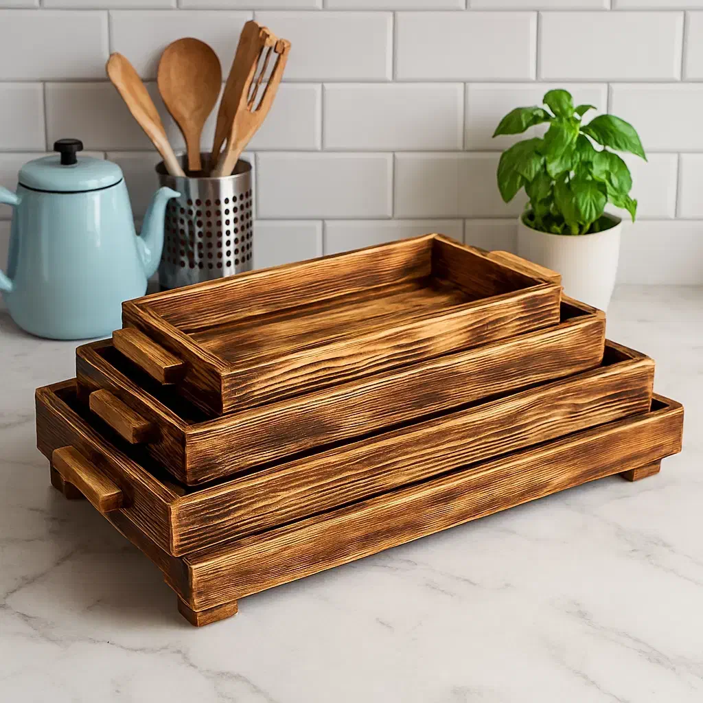 سینی چوبی ست سه تایی اردوخوری|ظروف سرو و پذیرایی|میبد, |دیوار