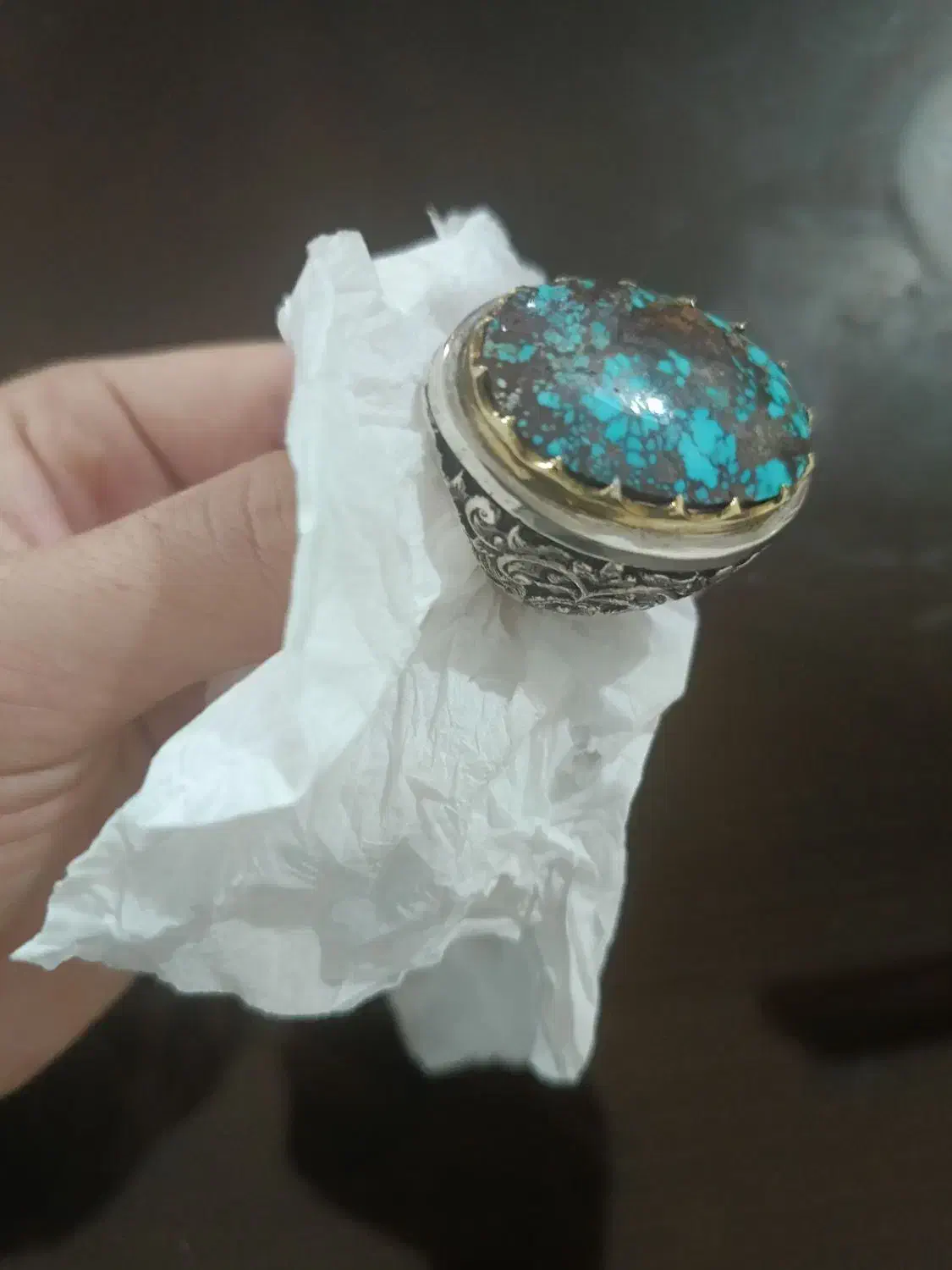 انگشتر فیروزه دست ساز کلکسیونی قلم زنی شده نو|بدلیجات|تهران, حبیب الله|دیوار