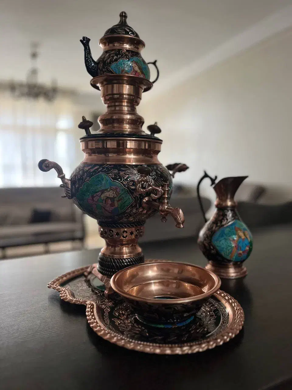 سرویس ۵تکه سماور ذغالی مسی الماس تراش|صنایع دستی و سایر لوازم تزئینی|تهران, قصر فیروزه ۲|دیوار