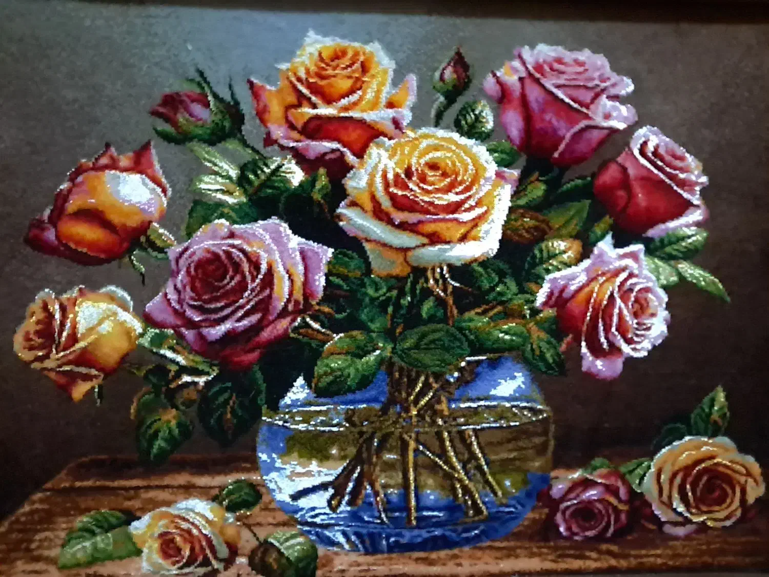 تابوفرش دستبافت/تابلو فرش گلدان شیشه ای رز|تابلو فرش|تهران, استاد معین|دیوار