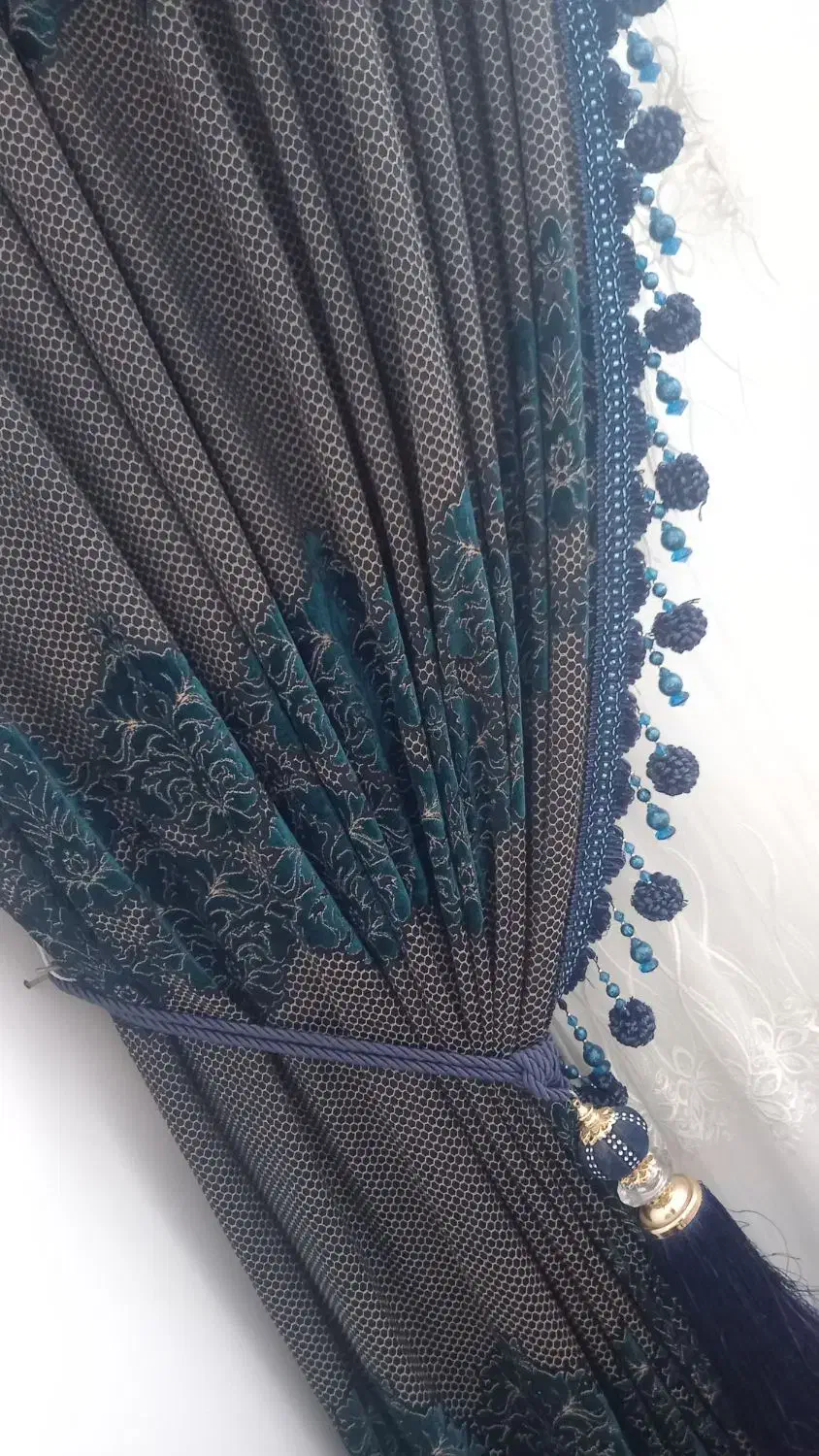 پرده تور ترک طرح دار با دستک مخمل سورمه ای طور|پرده، رانر، رومیزی|قائن, |دیوار