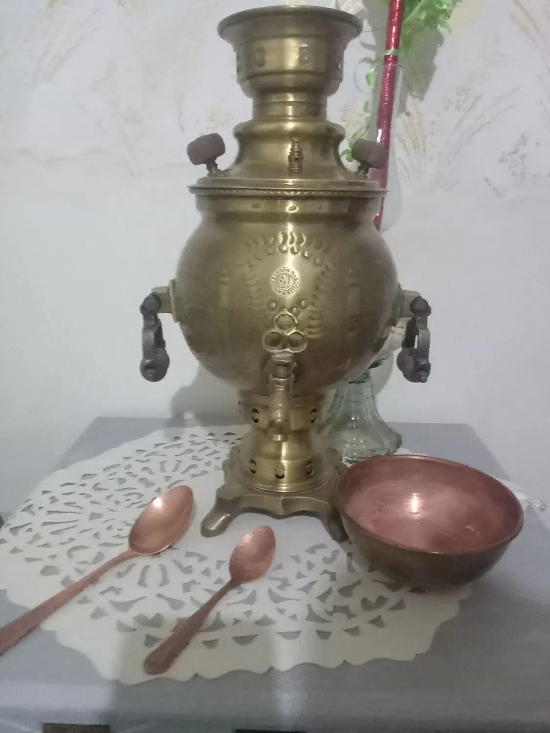 سماور زغالی برنجی ۳لینری|کلکسیون اشیاء عتیقه|قوچان, |دیوار