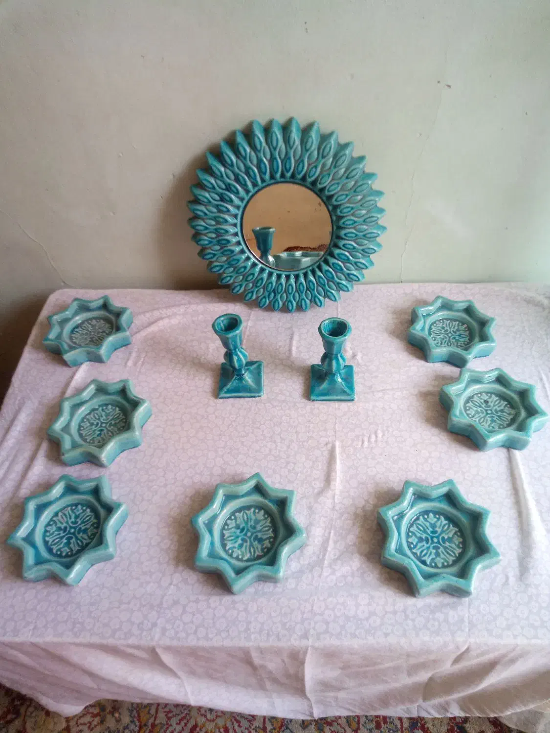 هفت سین فیروزه ای با آیینه و شمعدان فوری فروشی|صنایع دستی و سایر لوازم تزئینی|ورامین, ورامین|دیوار