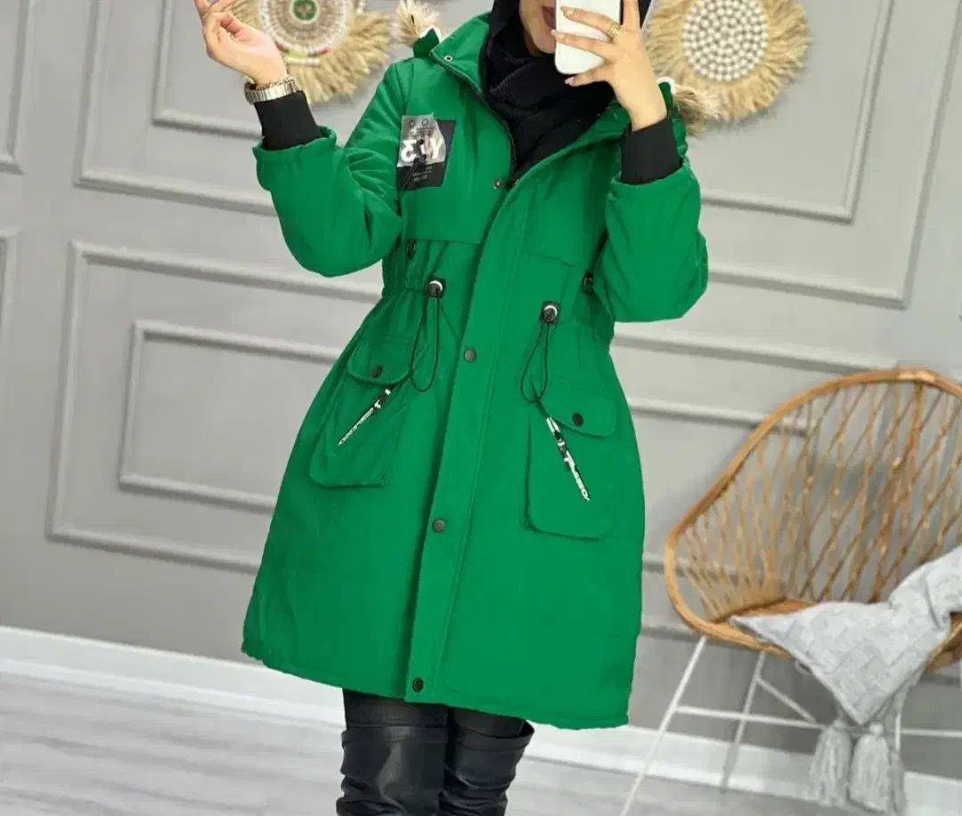 پالتو شیک سبز داخل خزدار سبک|لباس|کاشمر, |دیوار