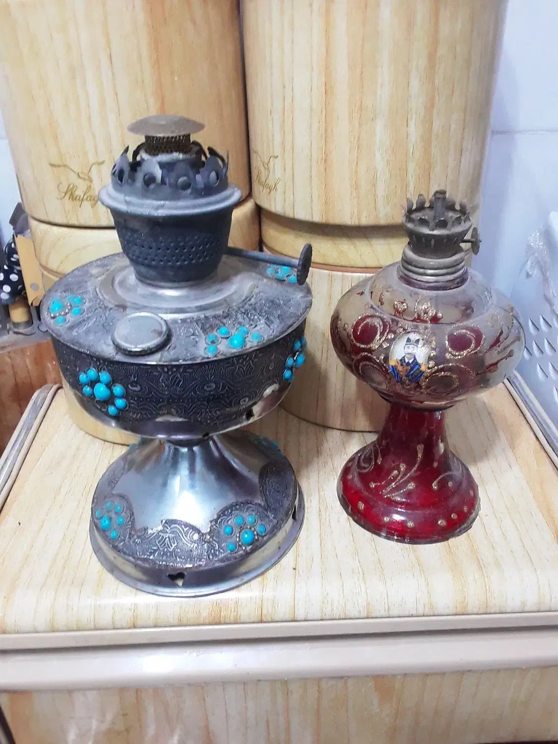 چراغ گرد سوز قدیمی برنجی و شیشه ای|کلکسیون اشیاء عتیقه|قرچک, مهدیه|دیوار