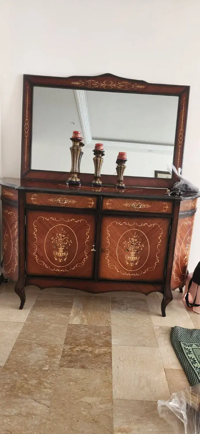 کنسول چوبی دودر با آینه منبت کاری شده|بوفه، ویترین، کنسول|رودهن, |دیوار