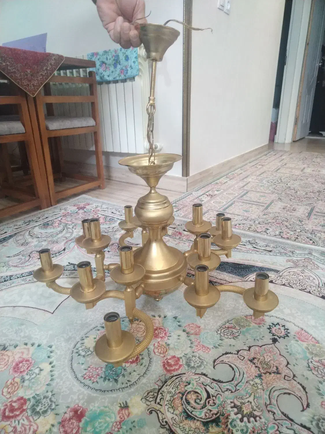 لوستر برنج 5شاخه وهرشاخه 3شعله داره کاملا سالم|لوستر و چراغ آویز|ری, سیزده آبان|دیوار