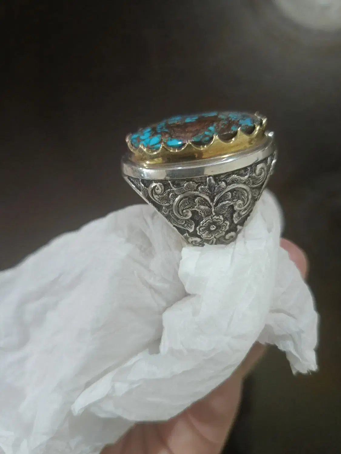 انگشتر فیروزه دست ساز کلکسیونی قلم زنی شده نو|بدلیجات|تهران, حبیب الله|دیوار