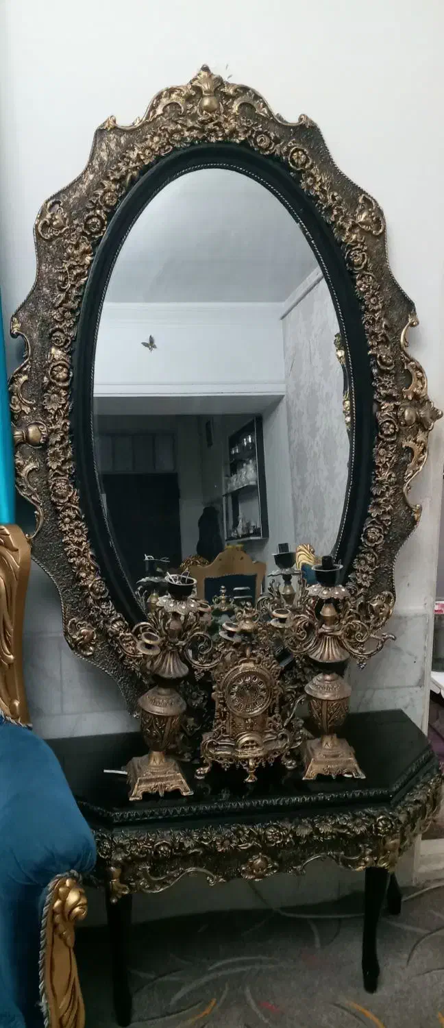 آینه و شمعدان پلی استر و ساعت قدی|بوفه، ویترین، کنسول|تاکستان, |دیوار