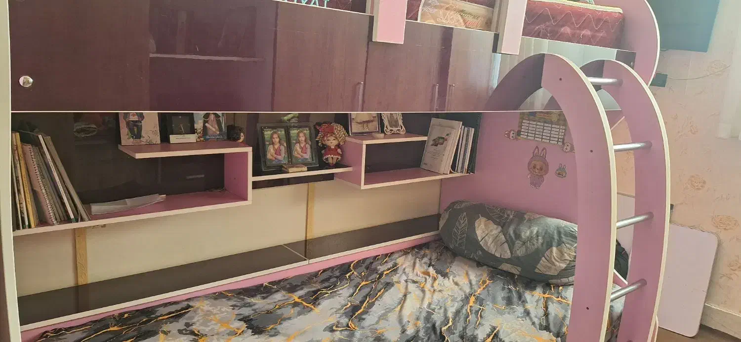 تخت دوطبقه ام دی اف دارای باکس و کشو و کتابخانه|تخت و سرویس خواب|اسلامشهر, شهرک امام حسین (میان آباد)|دیوار