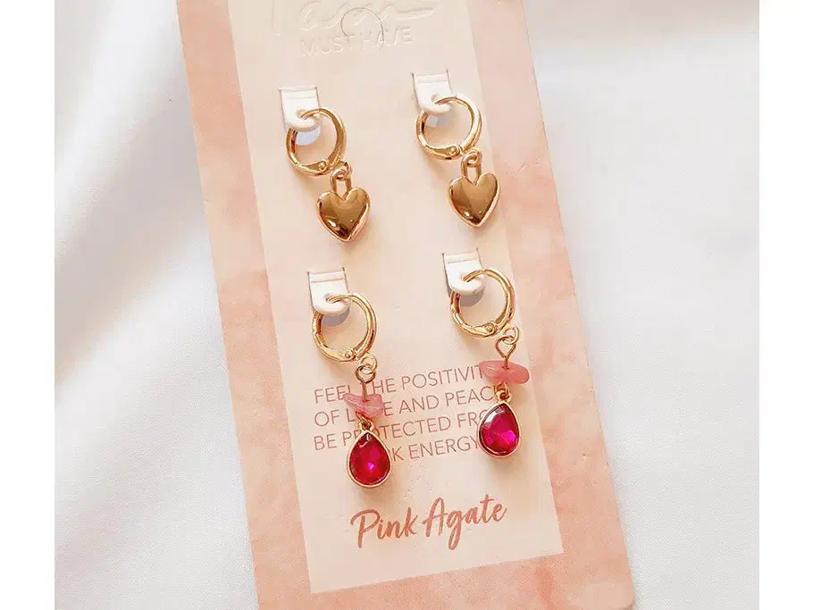 گوشواره حلقه ای آویزدار دوتایی عقیق صورتی/ارغوانی|بدلیجات|خرم‌آباد, |دیوار