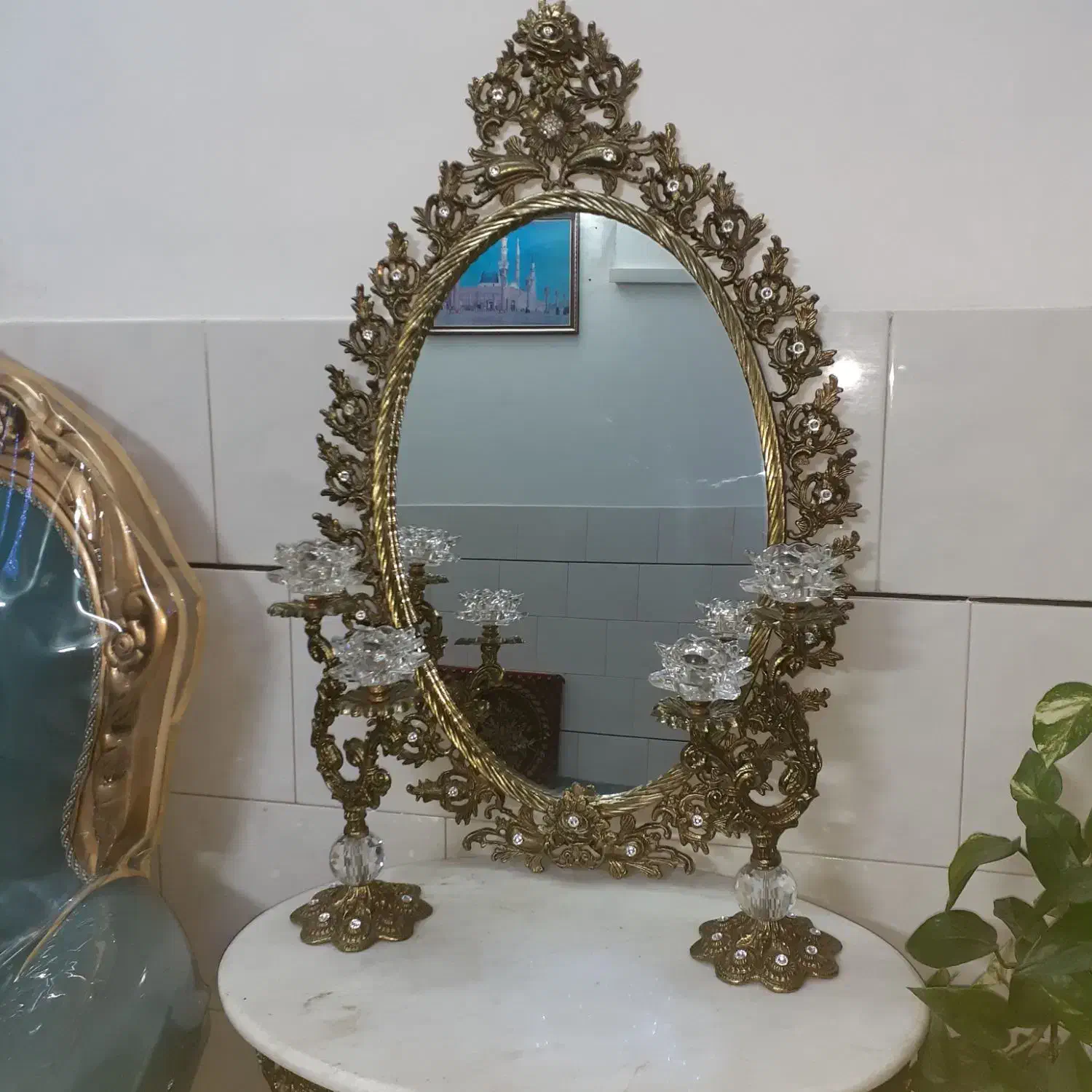 آینه و شمعدان برنزی|صنایع دستی و سایر لوازم تزئینی|خمینیشهر, |دیوار