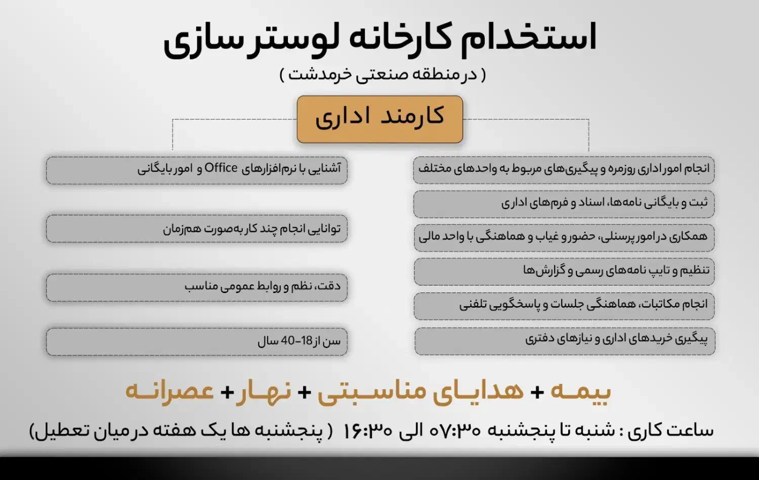 استخدام کارمند اداری-اجرایی|استخدام اداری و مدیریت|پردیس, شهرک صنعتی خرمدشت فاز ۷|دیوار