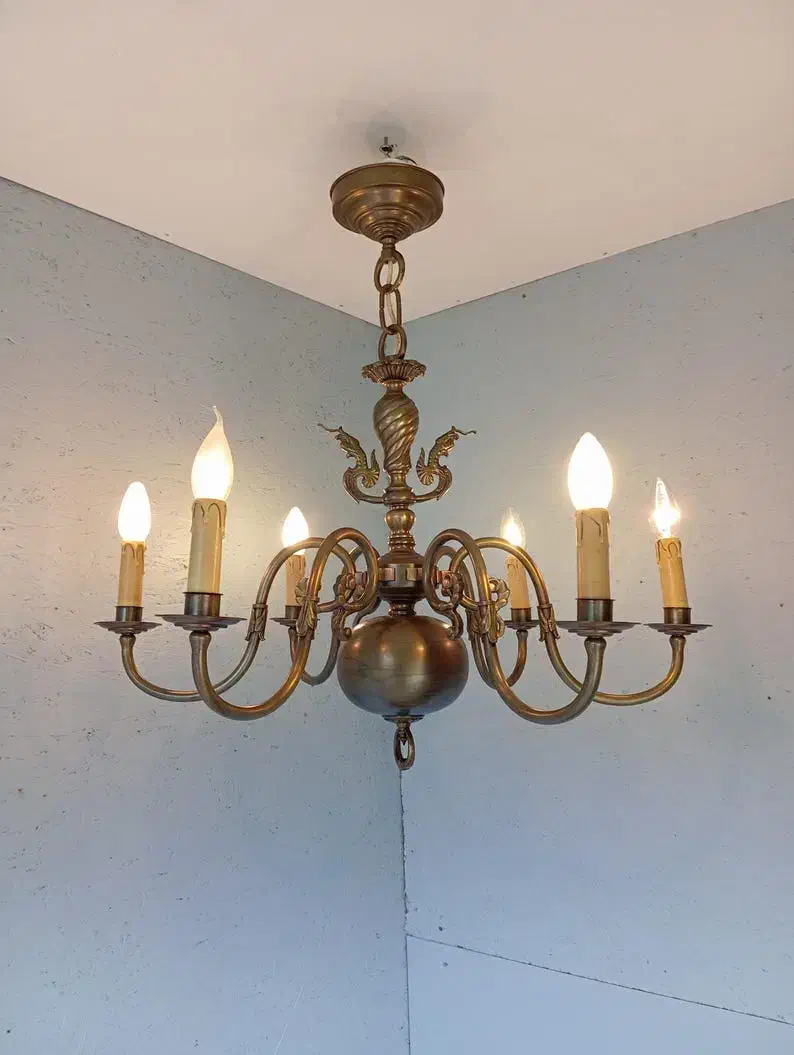 ۴ عدد لوستر برنج برنجی قدیمی|لوستر و چراغ آویز|سمیرم, |دیوار