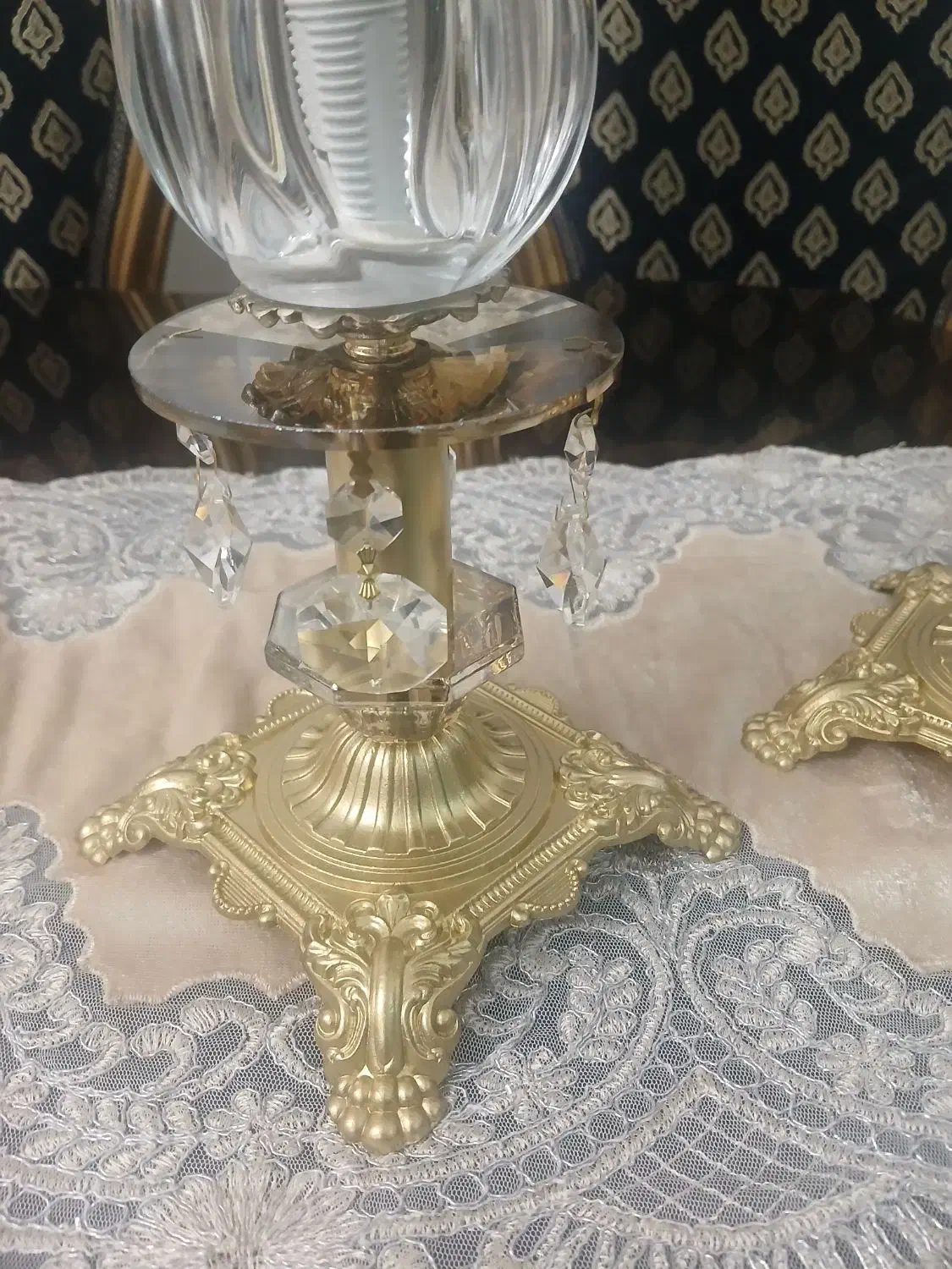 شمعدان پایه برنزی با کریستال‌های اصل|لوستر و چراغ آویز|تبریز, |دیوار