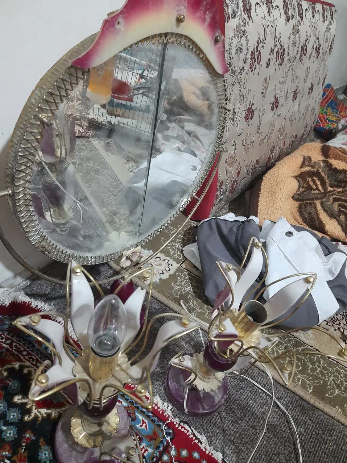 آینه شمعدان قدیمی برنجی عتیقه|کلکسیون اشیاء عتیقه|بروجرد, |دیوار