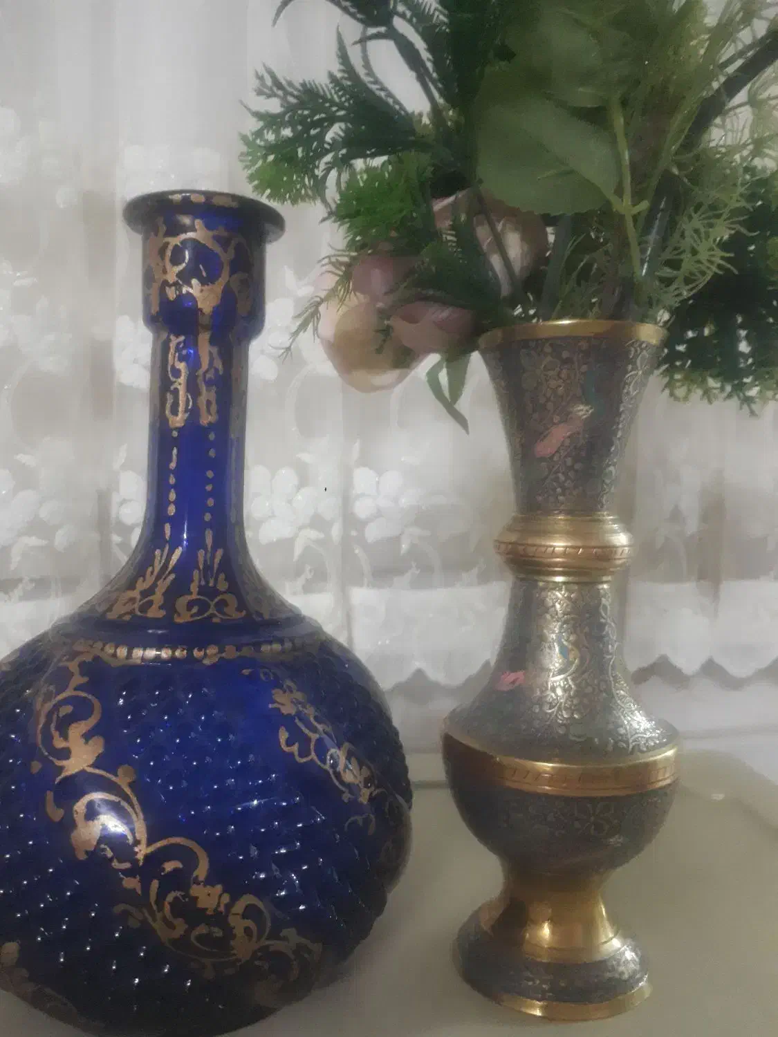 گلدان برنجی قلمکاری عطیقه|کلکسیون اشیاء عتیقه|ساوه, |دیوار