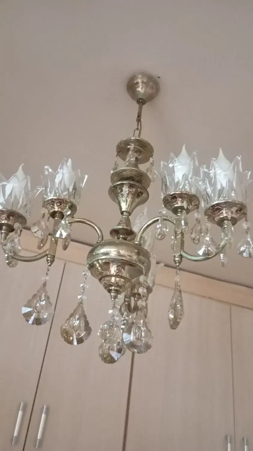 لوستر سه شاخه یک جفت ،شش شعله،برنز،برنج|لوستر و چراغ آویز|تبریز, |دیوار