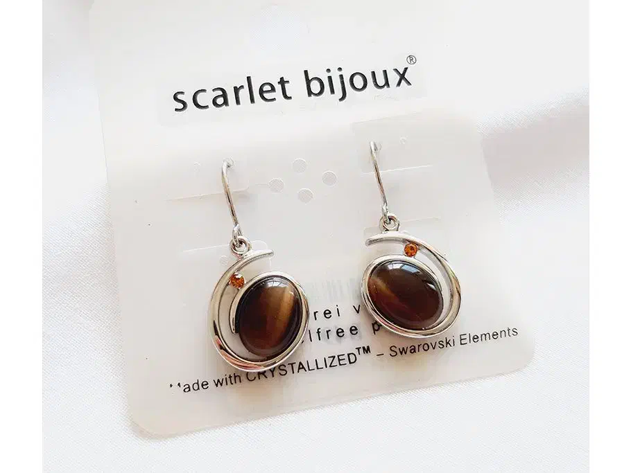 گوشواره آویز کوتاه نگین سوارسکی و چشم ببری قهوه‌ای|بدلیجات|زاهدان, |دیوار