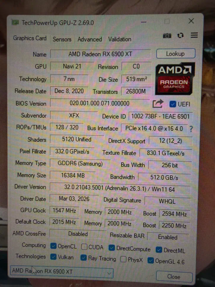 rx 6900xt sweft 16 gig|قطعات و لوازم جانبی رایانه|لواسان, |دیوار
