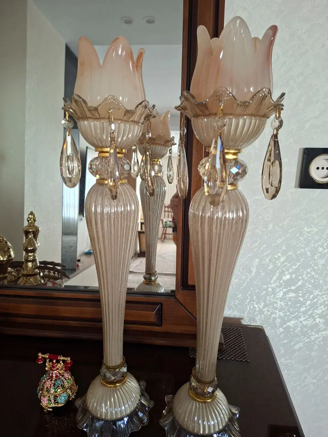 یک جفت شمعدان کریستال وارداتی با لاله های سنگی|لوستر و چراغ آویز|پاکدشت, پاکدشت (مامازند)|دیوار