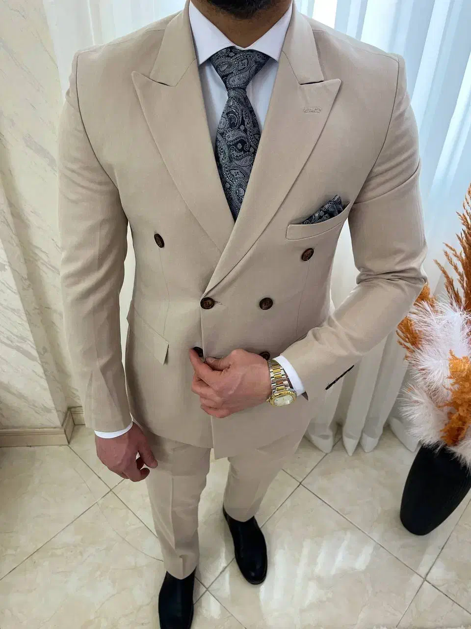 کت شلوار دبل برست فاستونی رنگ کرم(شوک پلاس )|لباس|تبریز, |دیوار