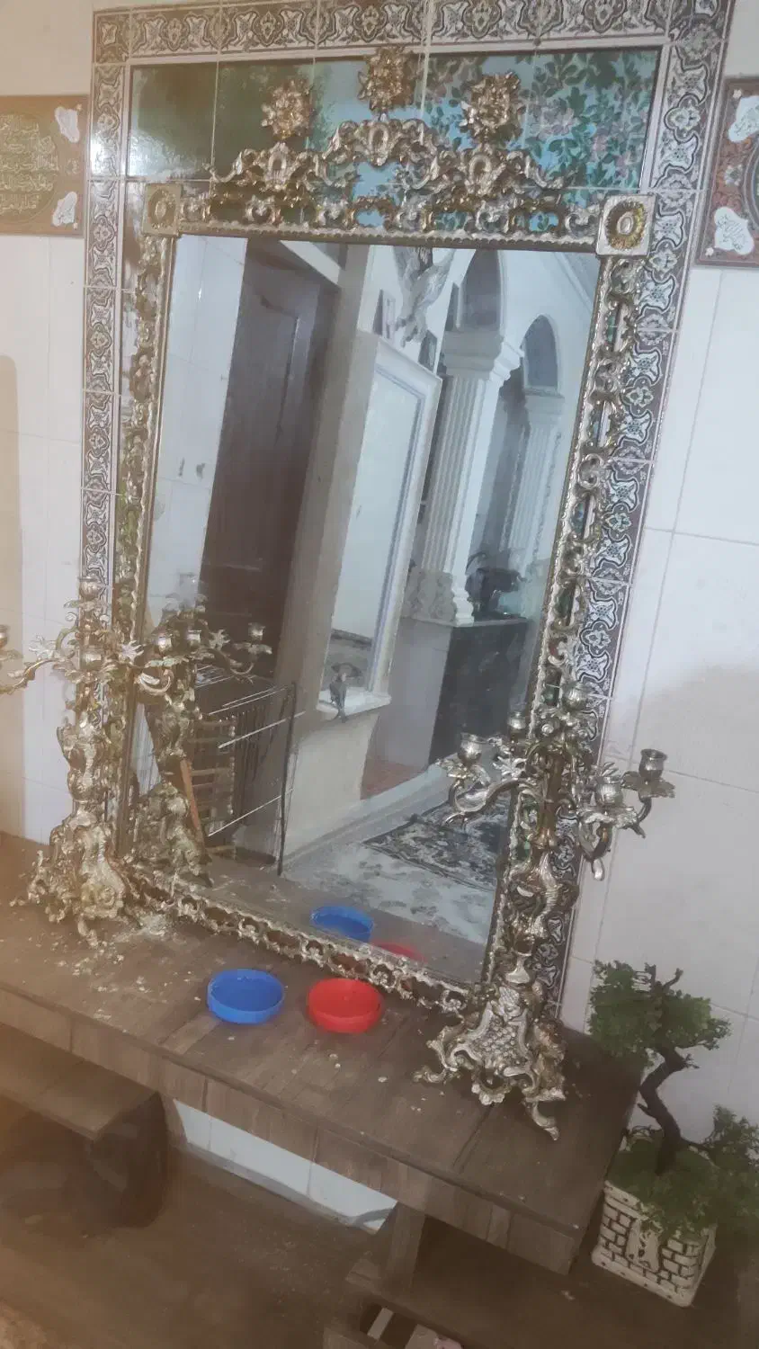 آینه شمعدان برنز روکش نقرع|صنایع دستی و سایر لوازم تزئینی|کرمانشاه, |دیوار