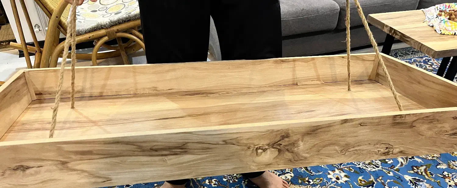 شلف ام دی اف طرح چوب طناب کنفی|کتابخانه، شلف، قفسههای دیواری|قم, شهرک قدس|دیوار