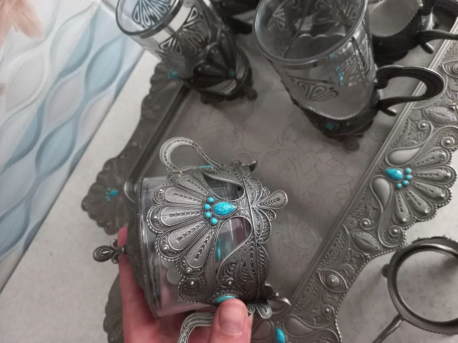 سینی و استکان قندان پیوتر اصل|ظروف سرو و پذیرایی|همدان, |دیوار