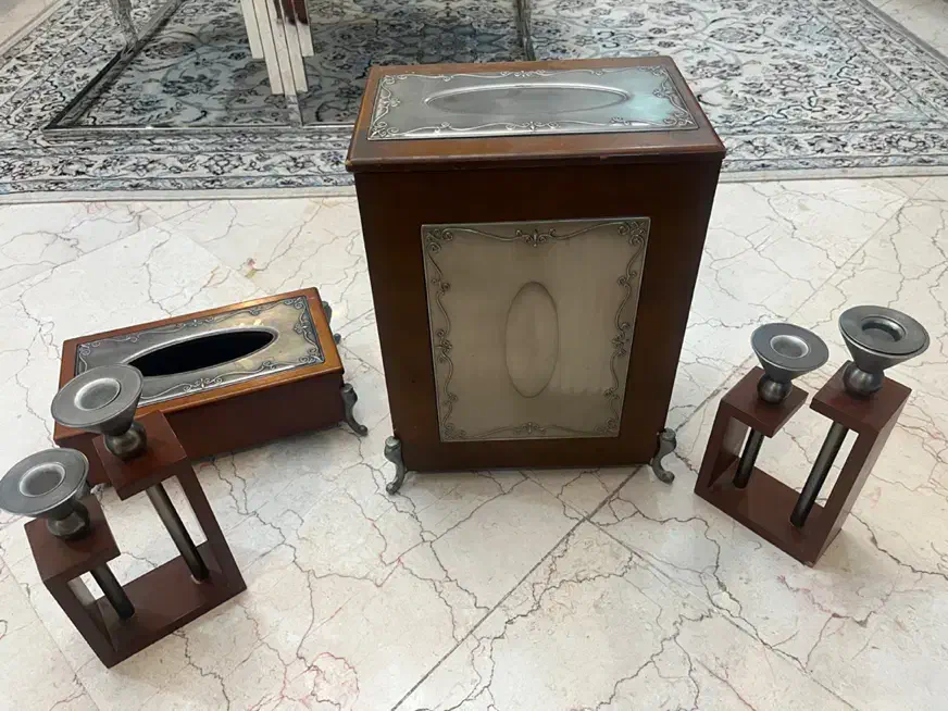 ست چوبی- نقره ای شمعدان- سطل- جای دستمال   انتیک|ظروف سرو و پذیرایی|تهران, گیشا|دیوار