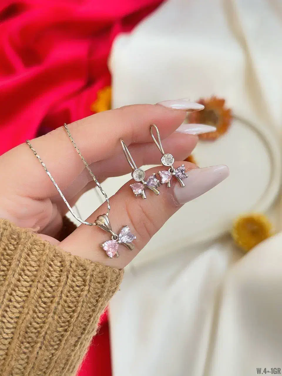 نیم ست نقره پاپیونی صورتی بنفش ظریف قصه باران۱۰|بدلیجات|تبریز, |دیوار