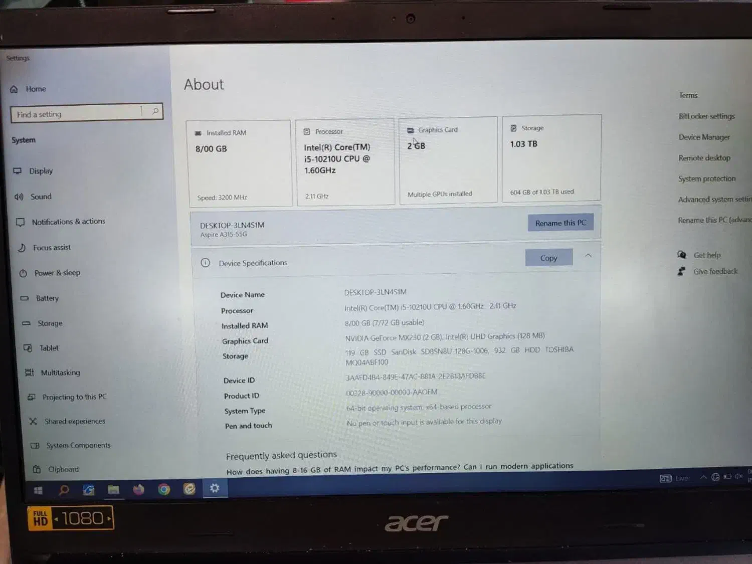لپ تاپ acer نسل 10 تمیز|رایانه همراه|قم, حمام تالار|دیوار