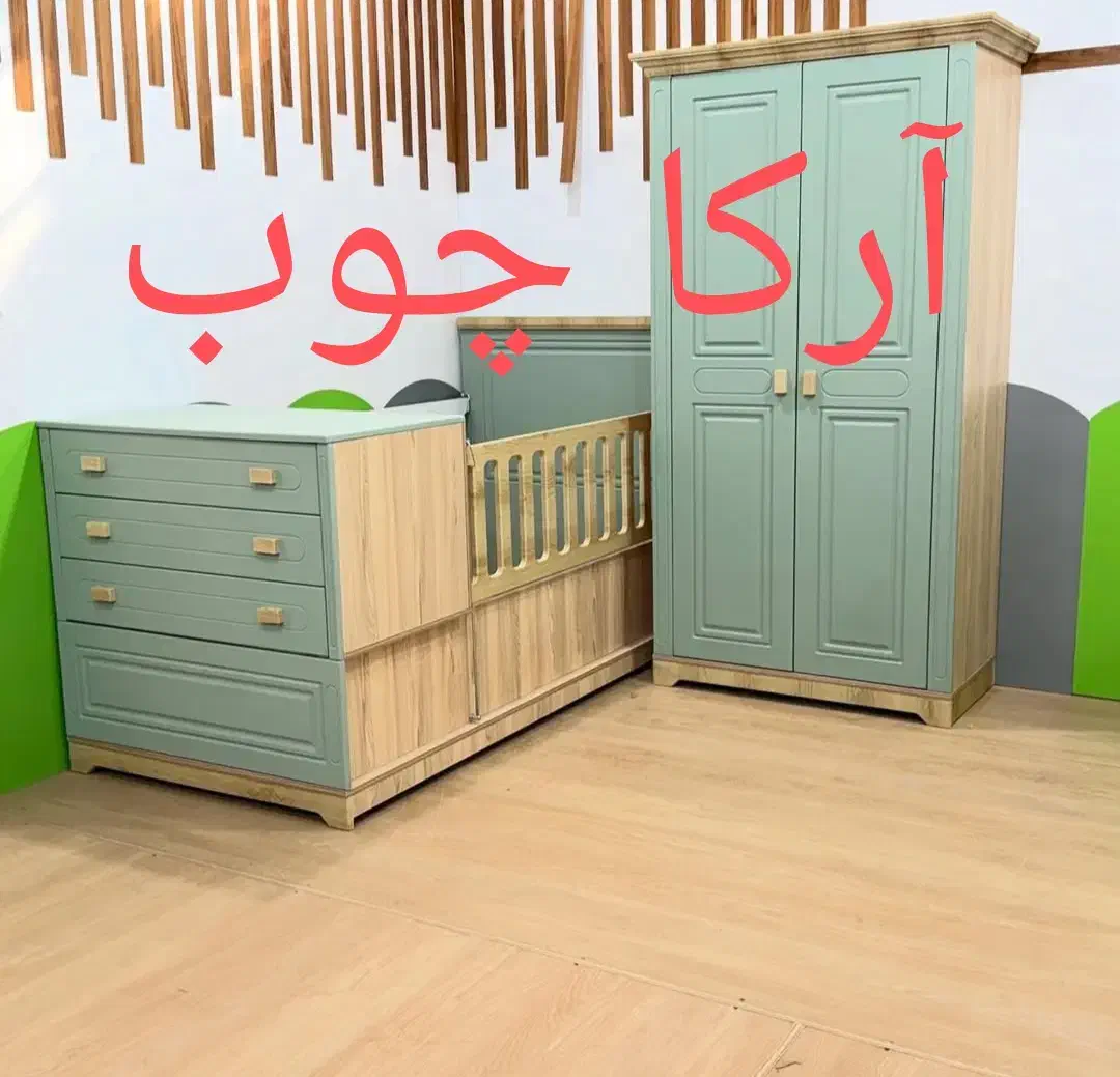 تخت خواب نوزاد نوجوان مدل چوب و رنگ سبز  آرکا چوب|تخت و سرویس خواب|کرمانشاه, |دیوار
