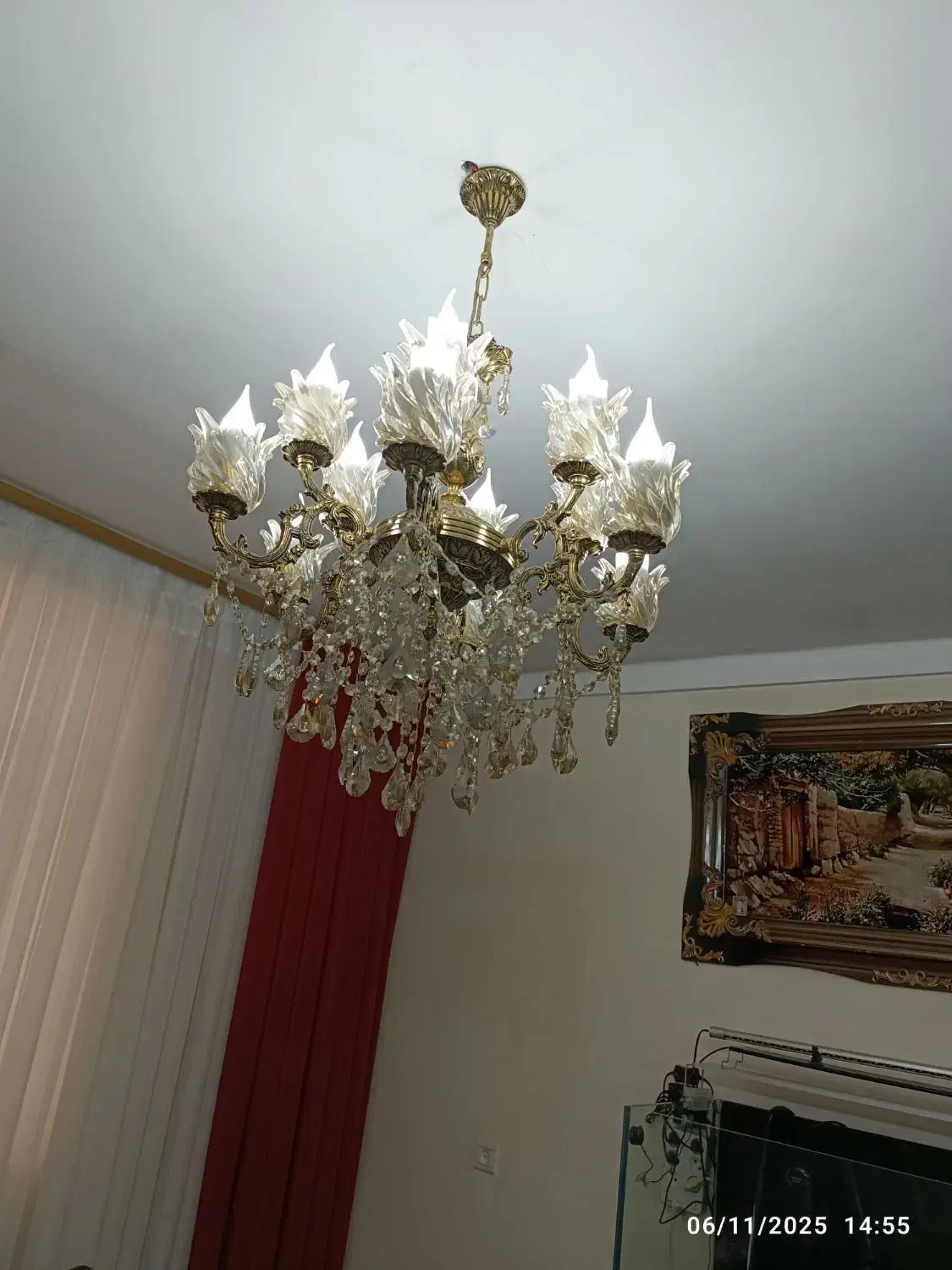 لوستر برنزی شش شاخه دوازده شعله|لوستر و چراغ آویز|قزوین, |دیوار